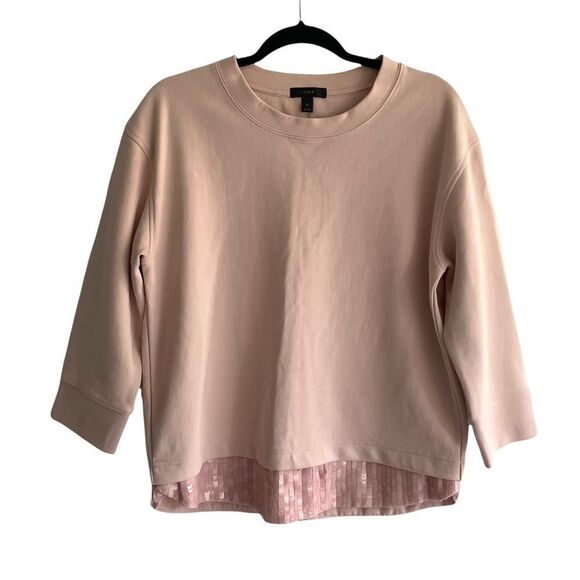 (SOLD) J. CREW Crew Neck 3/4 Sleeve Sequin Trim Sweatshirt Top Pink M - Picture 2 of 12